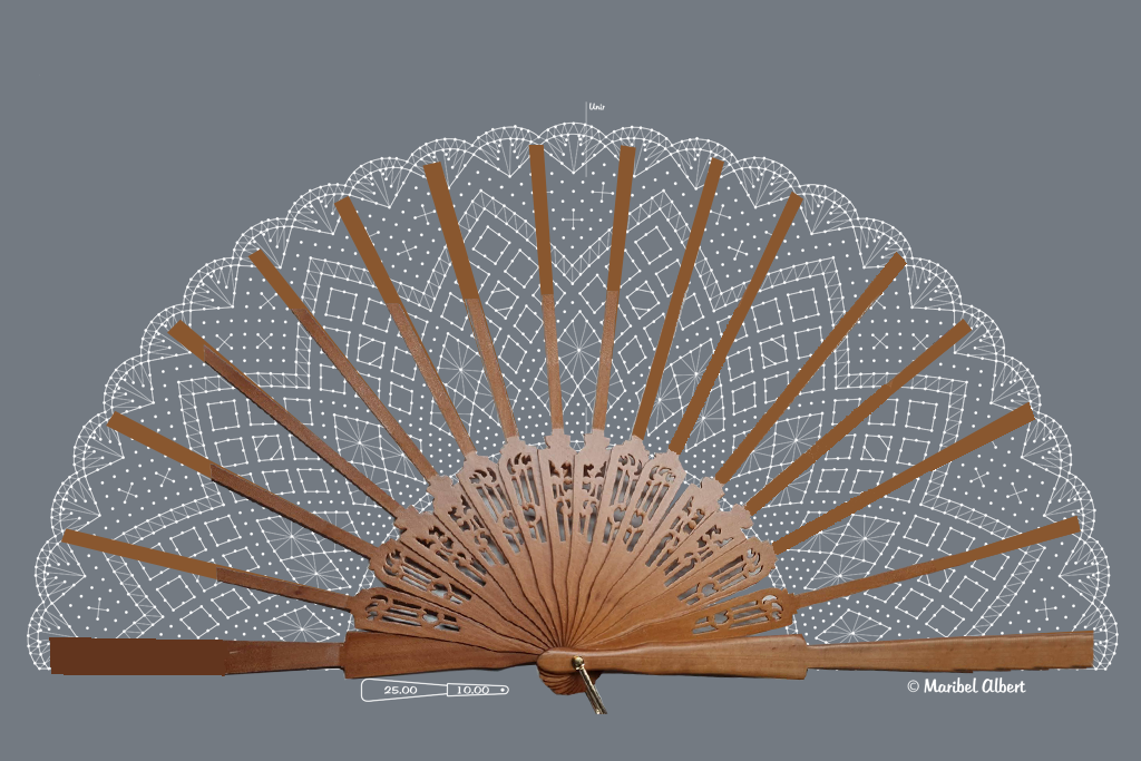 Kit Bolilleras® Abanico Torchon 02 – patrón en encaje de bolillos y varillas de madera de peral