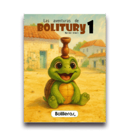 Portada del cuento infantil 'Las aventuras de Bolitury 1', con una tortuga sonriente de caparazón marrón sobre fondo claro, rodeada de hilos de colores y motivos de encaje de bolillos.